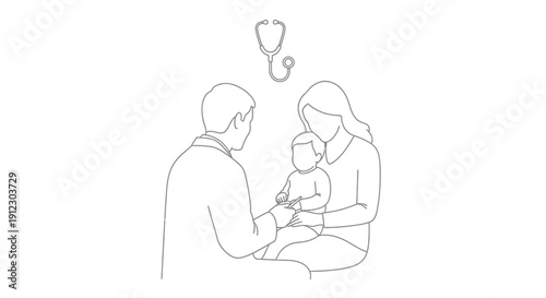 Continuous line drawing of a family with a newborn baby and a stethoscope.