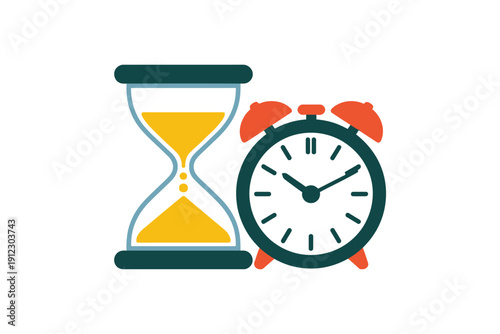 Alarm clock and hourglass symbolize the passing of valuable time.