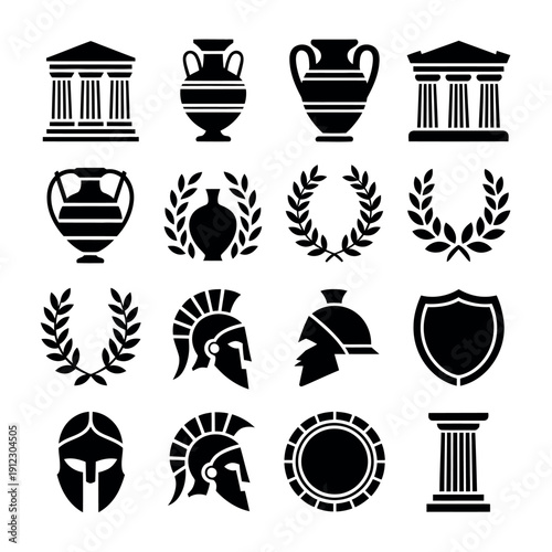 Collection of ancient Greek and Roman cultural artifacts icons are.