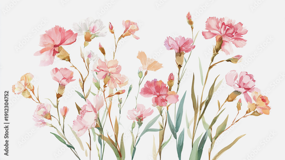 Fototapeta premium Elegant wedding invitation card background . Minimal hand painted watercolor Carnation flowers texture template background. Design for wedding, vip cover, poster, rsvp moderncard.Valentine's Day
