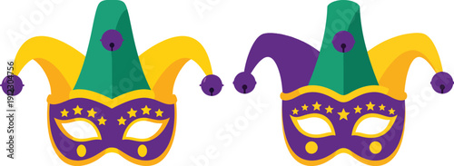 Mardi gras jester masks with bells and stars