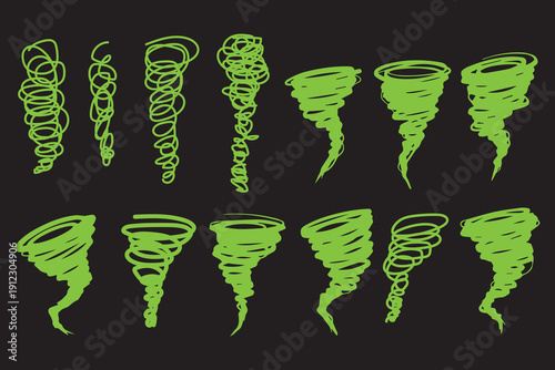 Glowing green tornado illustrations on black background