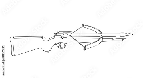 Minimalist medieval crossbow single line art with bolt — archery weapon icon vector