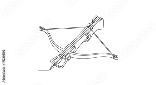 Minimalist medieval crossbow single line art with bolt — archery weapon icon vector