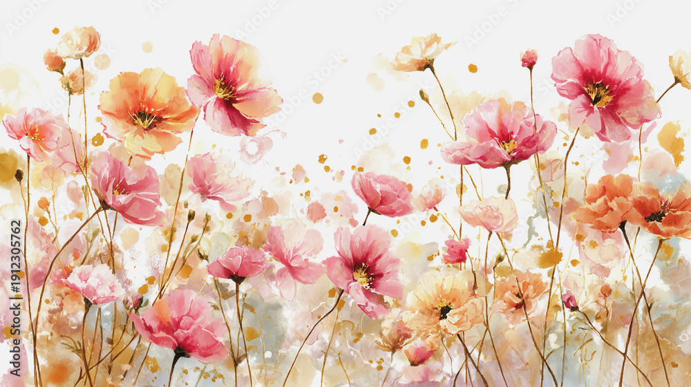 Fototapeta premium Elegant wedding invitation card background . Minimal hand painted watercolor Cosmosflowers texture template background. Design for wedding, vip cover, poster, rsvp moderncard. Valentine's Day