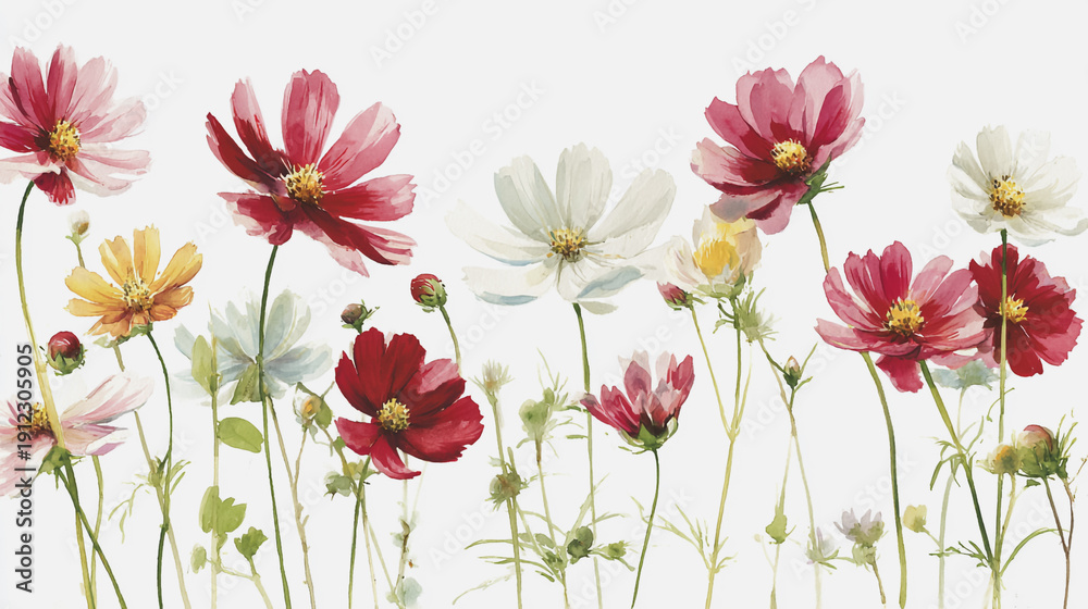 Fototapeta premium Elegant wedding invitation card background . Minimal hand painted watercolor Cosmosflowers texture template background. Design for wedding, vip cover, poster, rsvp moderncard. Valentine's Day