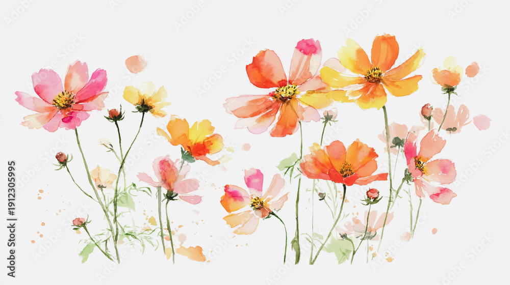 Fototapeta premium Elegant wedding invitation card background . Minimal hand painted watercolor Cosmosflowers texture template background. Design for wedding, vip cover, poster, rsvp moderncard. Valentine's Day