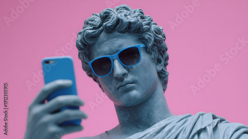 Blue plaster statue of a classical male figure wearing aqua sunglasses and holding a matching blue smartphone against a vibrant pink background, capturing a selfie.