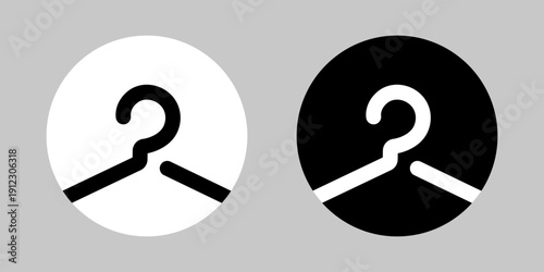Round hanger icon in minimal flat style. Wardrobe symbol inside circular frame, presented on white and black backgrounds for clothing stores, laundry services and fashion branding.