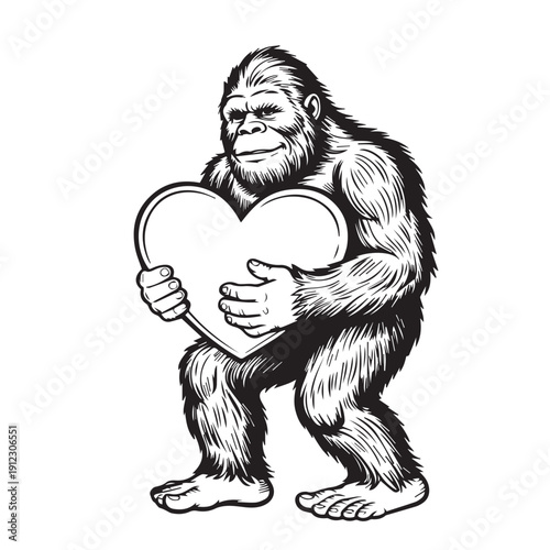Happy bigfoot holding large heart shape affectionately standing upright showing gentle side of legendary forest giant black drawing