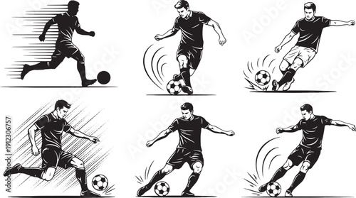 Black and white of men playing soccer in various poses football sports