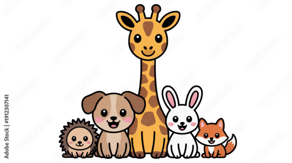 Obraz premium Cartoon animals group smiling together isolated on transparent background.