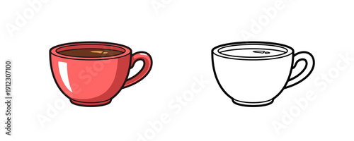 Ceramic coffee cup in cartoon style featuring red exterior with dark beverage and white highlights used for kitchenware and morning routine on white background