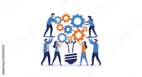 Vector illustration of people working together to assemble colorful gearwheels and cogs