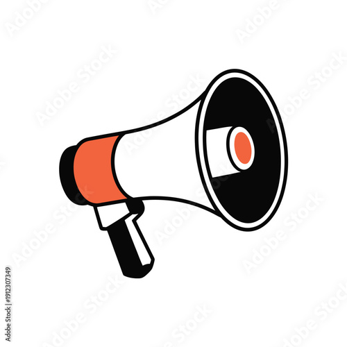 A vintage megaphone icon is depicted against a white background.