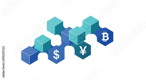 Vector puzzle pieces with currency symbols connecting in a 3D render