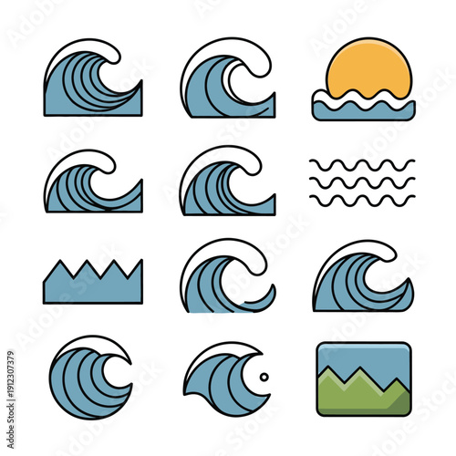 A collection of stylized wave icons representing various aspects of water and nature
