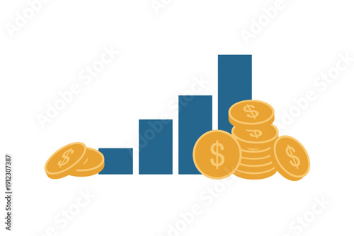 A bar graph showing financial growth with stacks of gold coins