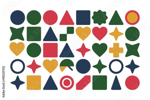 A colorful arrangement of various geometric shapes on a white background