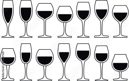 A collection of wine glasses filled with red wine on a white background