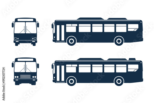 A set of blue bus silhouettes in different views and angles.