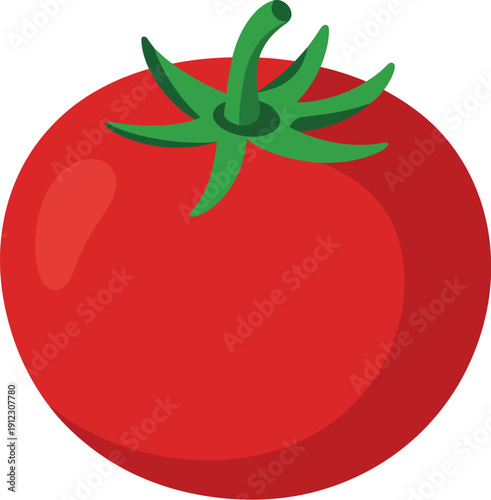 A vibrant red cartoon tomato with green leaves on a white background