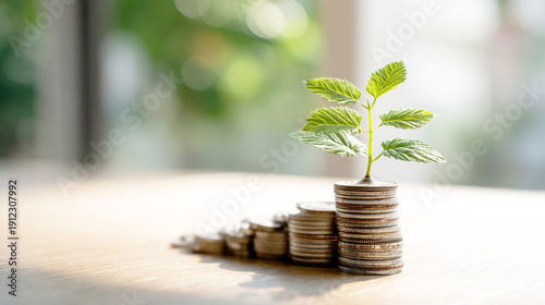 コインから若葉が伸びる資産の成長と投資のコンセプト
