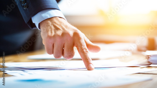 資料の重要なポイントを指差すビジネスマンの手元
