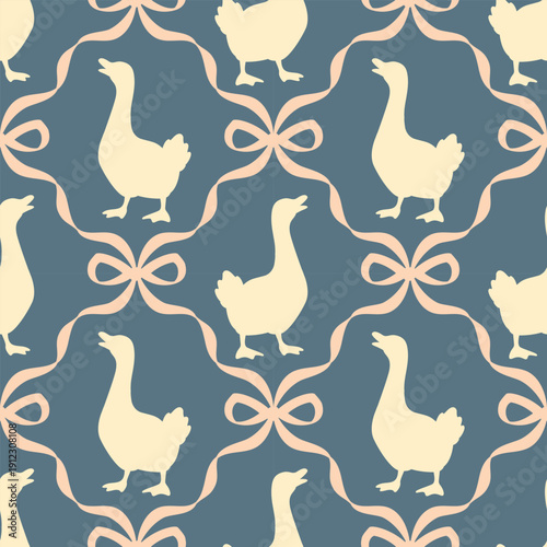 Seamless pastel goose pattern with elegant ribbon bows. Classic pastoral spring background in vintage cottagecore style.