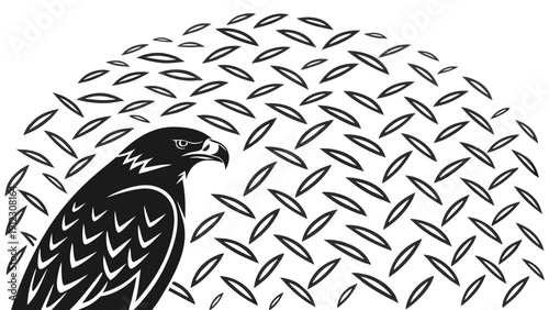 A striking black and white illustration of an eagle s head emerging from leaf shapes