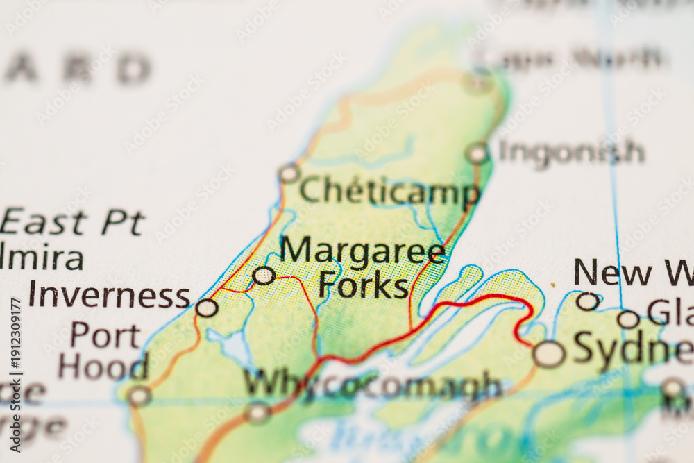 Naklejka premium Printed map showing Cheticamp and Margaree Forks region.