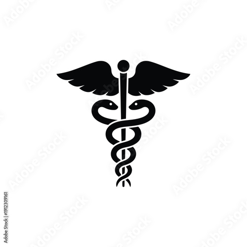 Caduceus symbol with two snakes and wings, medical healthcare symbol in black.