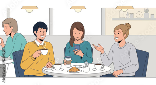 Vector illustration of four diverse young adults enjoying coffee and conversation at a cafe table, with two individuals engaged in discussion while others check their smartphones.