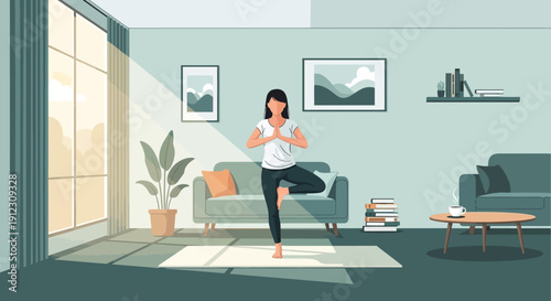 Woman in tree pose yoga illustration, practicing mindfulness and balance in a minimalist living room with natural light, vector graphic for wellness content.