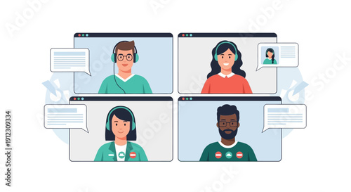 Diverse group of four people in a video conference call, each with a headset and speech bubble, displayed in separate web browser windows on a white background, vector illustration.