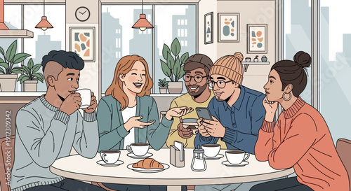 Diverse group of five friends laughing and chatting over coffee and pastries in a cozy cafe, vector illustration.