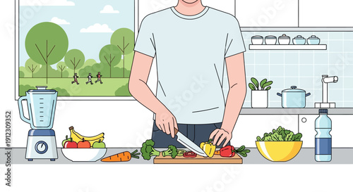 Vector illustration of a man in a light blue t-shirt chopping colorful vegetables on a wooden board in a minimalist kitchen, with a blender and fruit bowls on the counter