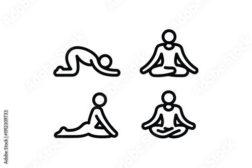 Four simple line art illustrations of people in various yoga poses