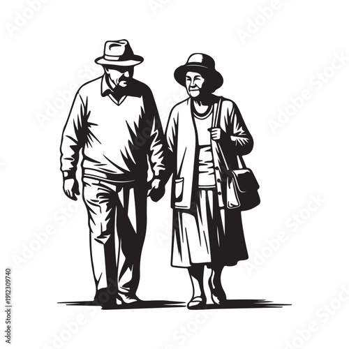 Elderly couple walking hand in hand in silhouette