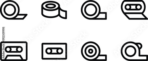 A collection of various tape and cassette icons in black and white