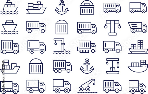 A collection of transportation and shipping icons on a white background