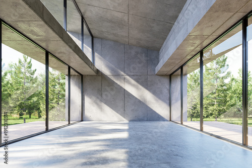 Modern minimalist empty hall with high concrete ceilings and walls 3d render. Large glass windows offer a lush forest view with dramatic natural sunlight and shadows.