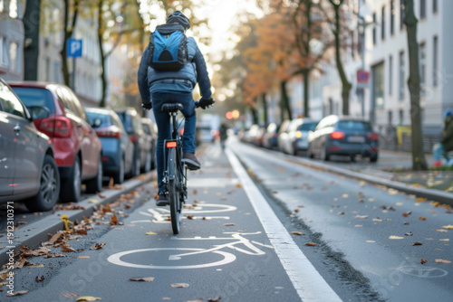 Wallpaper Mural Cycliste circulant sur une piste cyclable en milieu urbain, mobilité douce au cœur de la ville, transport écologique et aménagements favorisant les déplacements durables. Torontodigital.ca