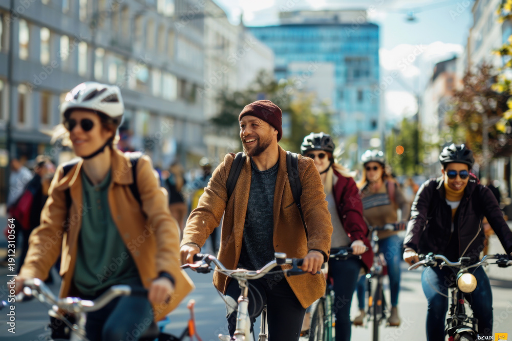 Obraz premium Groupe de cyclistes de profils variés circulant ensemble en ville, mobilité urbaine durable et convivialité au cœur de l’espace public.