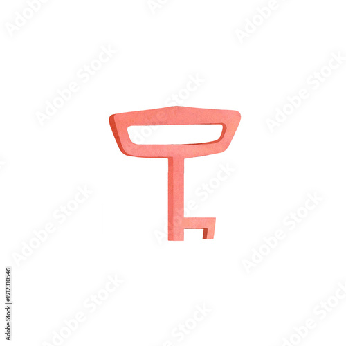 A small red key on a white background. Watercolor illustration.