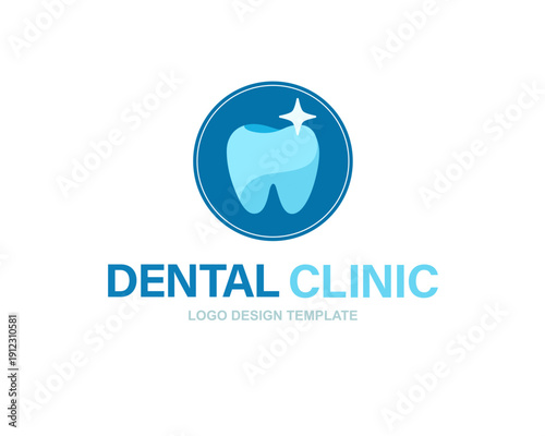 Dental Clinic logo conept with shiny tooth sign in round emblem for medical center or dentistry brand - editable vector