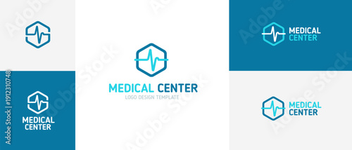 Medical Center, Health Care Clinic, Pharmacy Branding of Logo design concept with emblem Pulse in a hexagonal frame - editable vector template