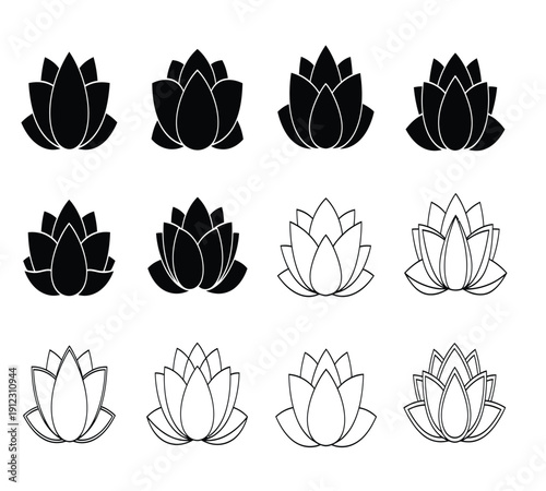 A collection of 12 lotus flower illustrations in various line art styles and shading techniques