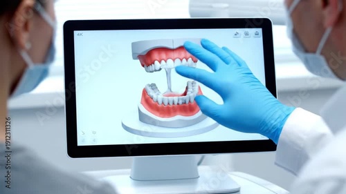 Dentist showing a digital 3D model of teeth and dentures on a tablet to a patient, modern dental care
