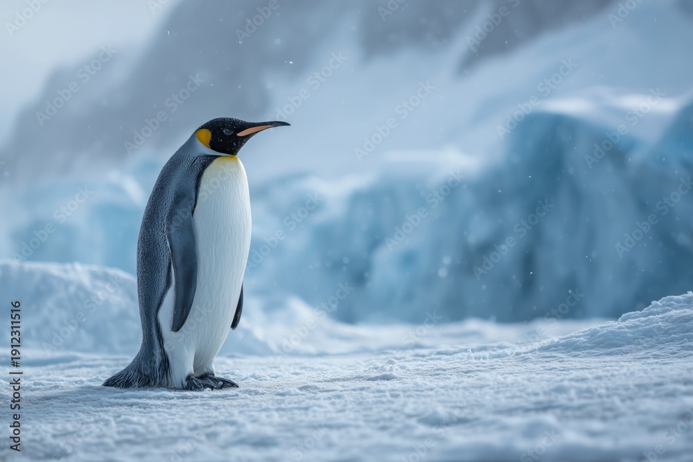 Fototapeta premium A majestic emperor penguin stands alone on snow-covered ice with blue-tinted glaciers in the background. The solitary bird faces forward in this serene Antarctic landscape.
